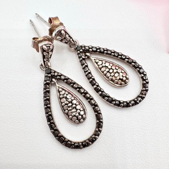 FAS THAI 925 Sterling Silver Earrings Teardrop Faux Marcasite Pebbled Milgrain - Picture 3 of 11